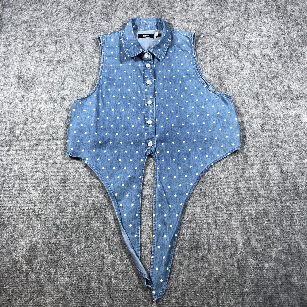 BDG Polka Dot Denim Sleeveless Cropped Womens Small Blue Snap‎ Button Vest Top